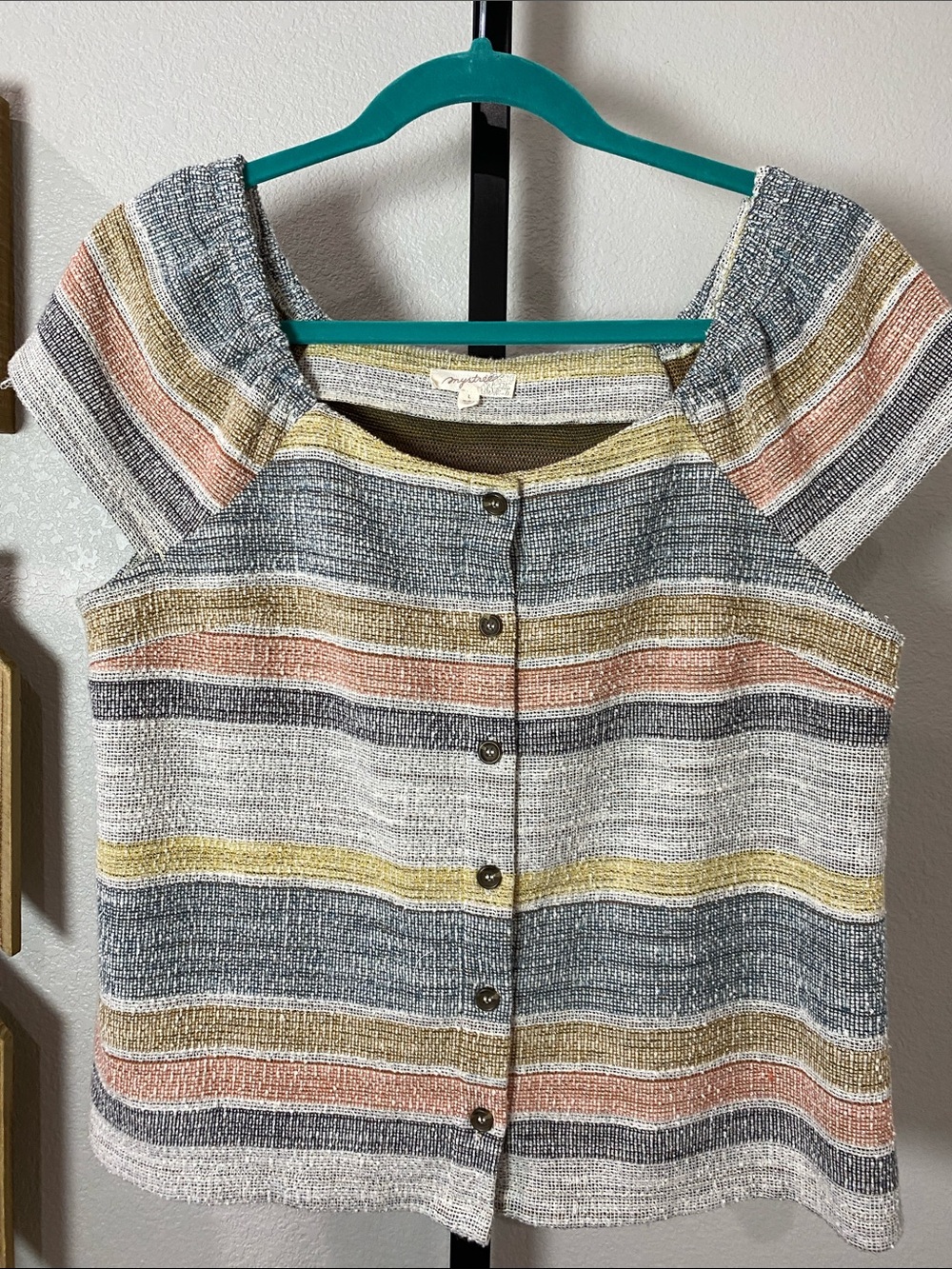 Mystree Striped Button-Front Top in Gray, Pink & Yellow 20pp 22L